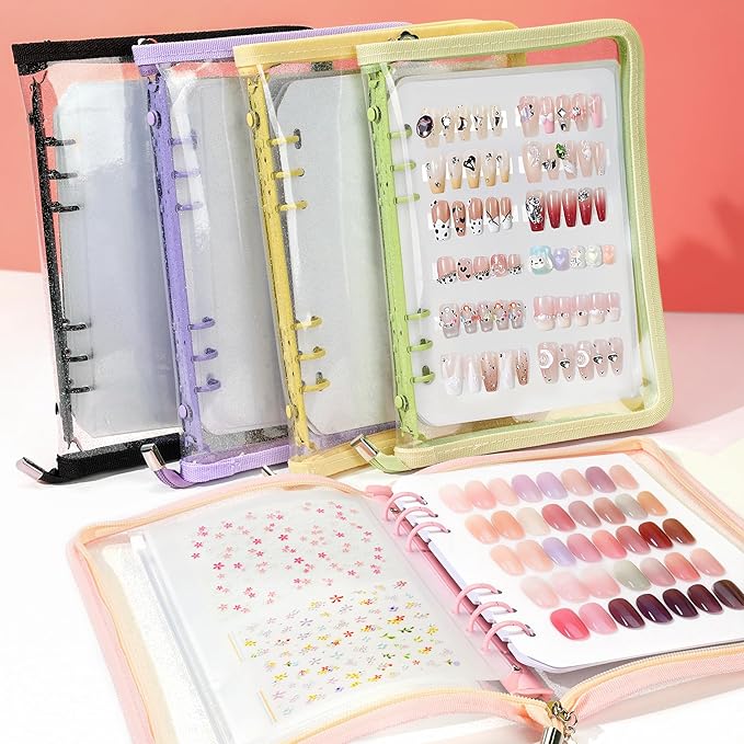 18PCS Press On Nail Organizer Clear Empty Press on Nail Packaging Set with 8 Insert Pages,8 nail double tape and 1 Zipper Pocket for Fake Nail Storage Nail Art Salon (black)