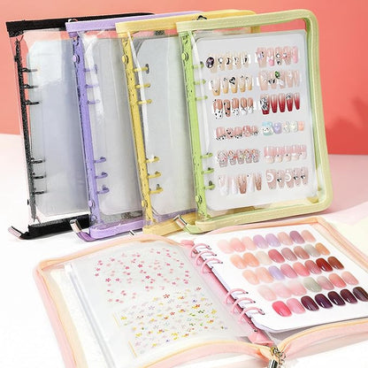 18PCS Press On Nail Organizer Clear Empty Press on Nail Packaging Set with 8 Insert Pages,8 nail double tape and 1 Zipper Pocket for Fake Nail Storage Nail Art Salon (black)