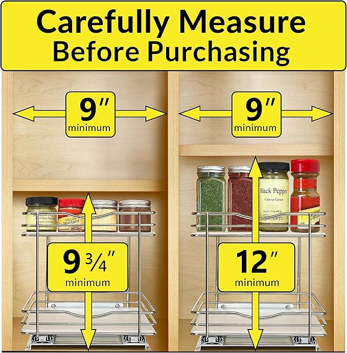 LYNK PROFESSIONAL® Pull Out Spice Organization for Cabinets - 8-3/8 inch Wide – Spice Rack for Inside Cabinets, Slide Out Spice Rack Organizer for cabinet – Pull Out Spice Rack, Sliding 2 Tier Chrome