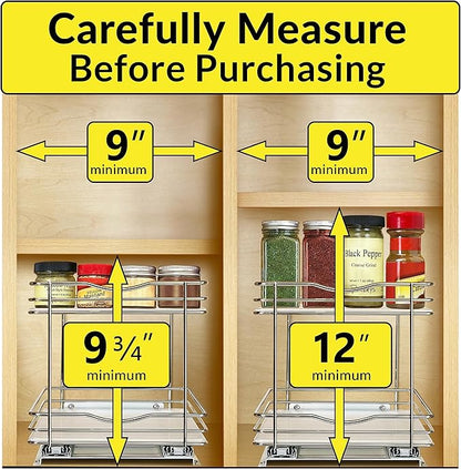 LYNK PROFESSIONAL® Pull Out Spice Organization for Cabinets - 8-3/8 inch Wide – Spice Rack for Inside Cabinets, Slide Out Spice Rack Organizer for cabinet – Pull Out Spice Rack, Sliding 2 Tier Chrome