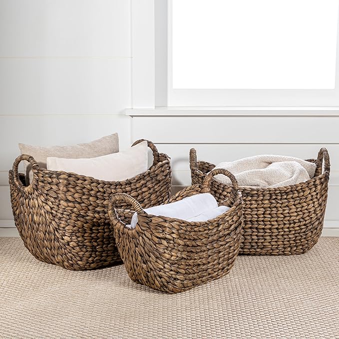 happimess BSK2002B-3SET Nellie Farmhouse Classic Handwoven Hyacinth Boat Wicker Storage Baskets with Handles, Brown (Set of 3), Seagrass Containers for Decoration in Living Room, Bedroom
