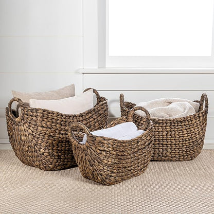 happimess BSK2002B-3SET Nellie Farmhouse Classic Handwoven Hyacinth Boat Wicker Storage Baskets with Handles, Brown (Set of 3), Seagrass Containers for Decoration in Living Room, Bedroom