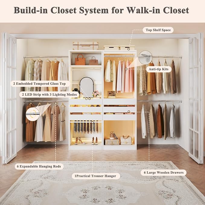 120'' Closet System Set with 6 Hanging Rods & LED Lights, 5.7-10.4FT Closet Organizer System with 6 Wood Drawers & 2 LED Glasstop, Walk-in Closet Organizer Wardrobe Clothes Rack, Garment Rack, White