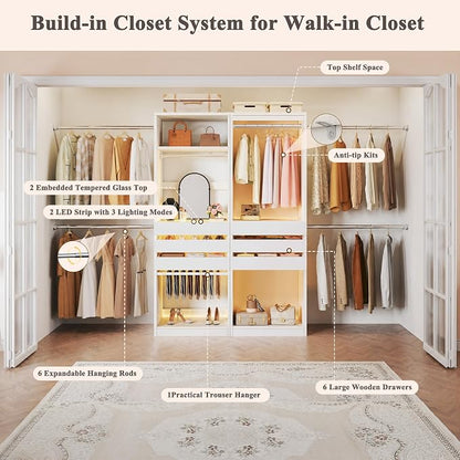 120'' Closet System Set with 6 Hanging Rods & LED Lights, 5.7-10.4FT Closet Organizer System with 6 Wood Drawers & 2 LED Glasstop, Walk-in Closet Organizer Wardrobe Clothes Rack, Garment Rack, White