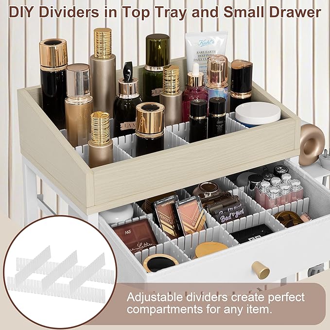 Makeup Organizer Cart with 3 Drawers, Large Cosmetic Organizer with Detachable Hair Tool Holder, Makeup Cabinet Cosmetic Display Cases for Skin Care Perfume Nail Polish, White & Natural