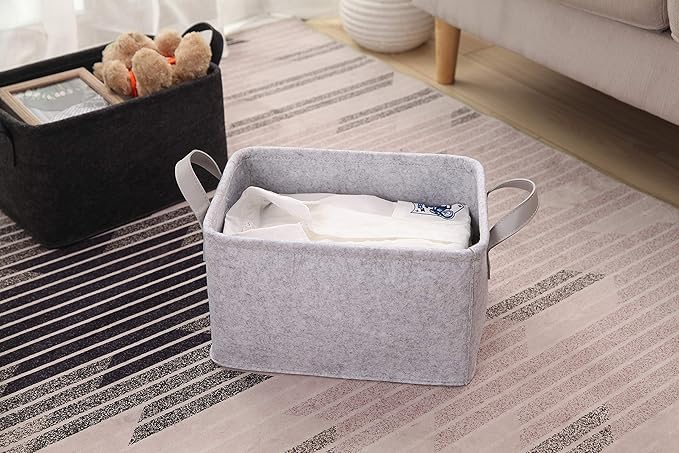 Minoisome Collapsible Storage Basket with Carry Handles Felt Fabric Storage Bin Durable Organizer for Gift Toys Shoes Clothes Towels Nursery Home Laundry Office Decorative Organizing Box(Light Grey)