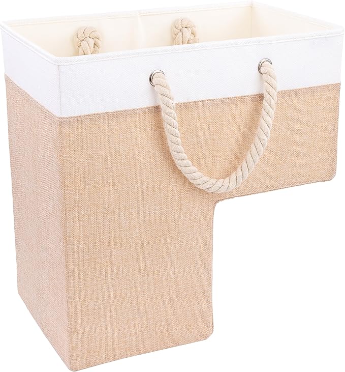 SAM AND MABEL Stair Baskets for Carpeted and Wooden Stairs – 16”L x 10”W x 16”H Foldable Staircase Basket with Handles, Stair Step Storage Organizer (Warm Beige and White)