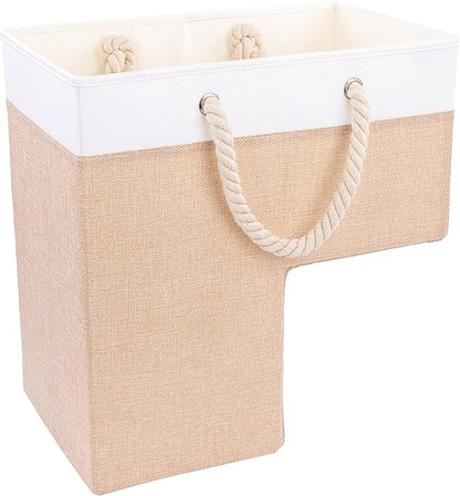 SAM AND MABEL Stair Baskets for Carpeted and Wooden Stairs – 16”L x 10”W x 16”H Foldable Staircase Basket with Handles, Stair Step Storage Organizer (Warm Beige and White)