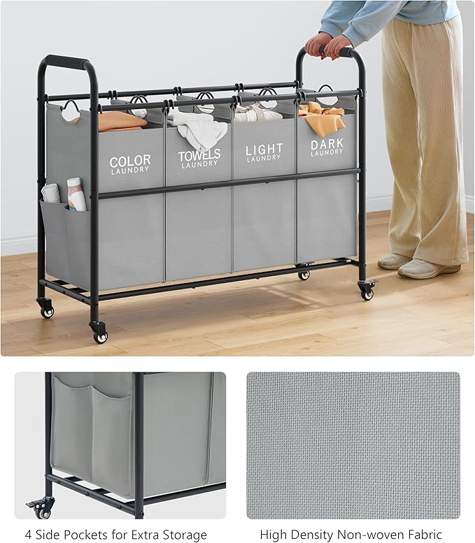 Tajsoon 4 Bag Laundry Sorter Cart, 4 Section Laundry Hamper Sorter with Heavy Duty Lockable Rolling Wheels, Laundry Separator Hamper with Removable Bags for Dirty Clothes Storage, Grey