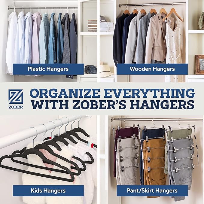 ZOBER Black Velvet Hangers 50 Pack - Clothes Hangers, Coat Hanger for Pants & Dress Clothes - Non Slip w/ 360 Degree Swivel, Holds up to 10 lbs - Strong Felt Hanger for Clothing