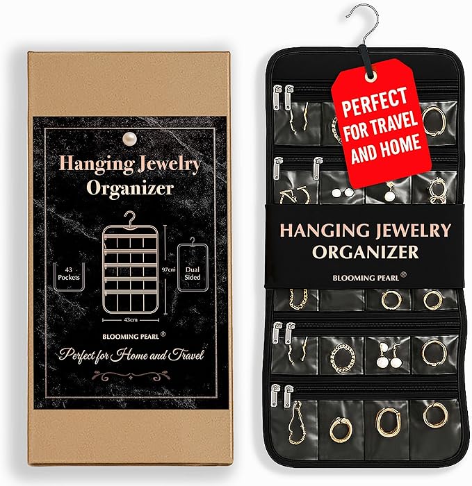 Hanging Jewelry Organizer XLarge - 43 Pockets + 7 Loops Dual-Sided with Zipper for Necklace, Earring, Rings - Travel Jewelry Organizers and Storage Holder with 360 Degree Hanger for Closet, Wall, Door