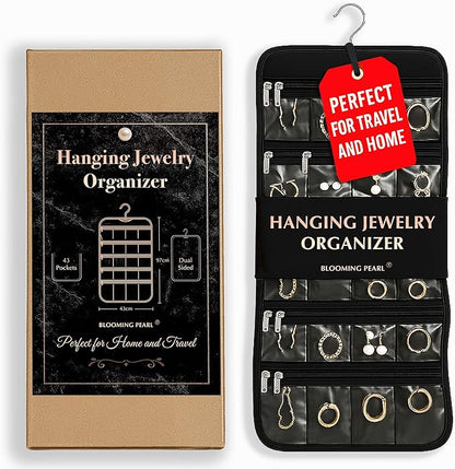 Hanging Jewelry Organizer XLarge - 43 Pockets + 7 Loops Dual-Sided with Zipper for Necklace, Earring, Rings - Travel Jewelry Organizers and Storage Holder with 360 Degree Hanger for Closet, Wall, Door