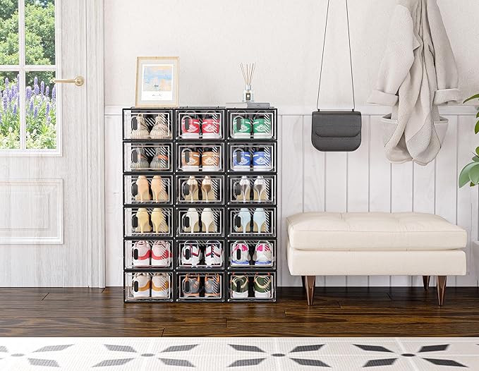SIMPDIY Shoe Storage, 12 Pack Shoe Organizer for Closet, Shoe Boxes Clear Plastic Stackable Shoe Containers with Lids for Size 10, Black