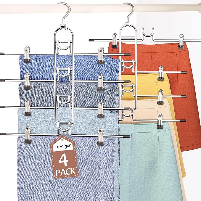 Pants Hangers With Clips, Newly Upgraded Detachable Space Saving Hangers for Skirts, Shorts & Trousers with Non slip clip,Heavy Duty Skirt Hangers - Hanging Closet Organizer And Storage,Patent Pending