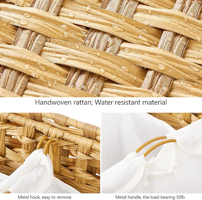 Laundry Hamper with 4 Removable Liner Bags; 176L Handwoven Rattan Laundry Basket with Lid & Heightened Feet; Clothes Hamper with Side Handles
