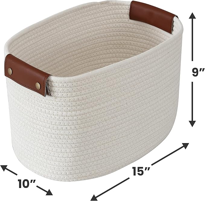 3 Pack Cotton Rope Storage Basket Woven Shelf Storage Bin with Faux Leather Handles, Decorative Closet Shelf Woven Basket for Storage Organizers, 15 x 10 x 9, Cream