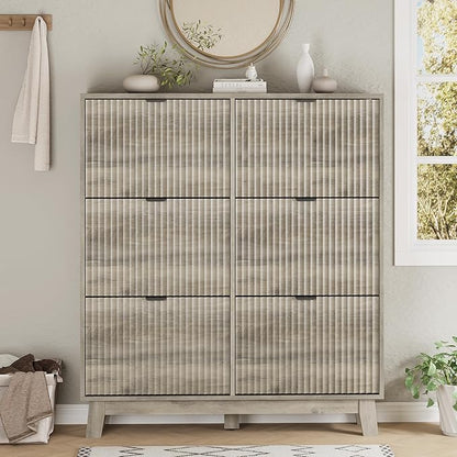 Xixini Shoe Cabinet with 6 Flip Drawers, 54" Tall Narrow Fluted Shoe Storage Organizer for Entryway, Hidden Slim Wooden Shoe Rack Cabinet for Front Door Entrance, Hallway, Living Room, Light Grey