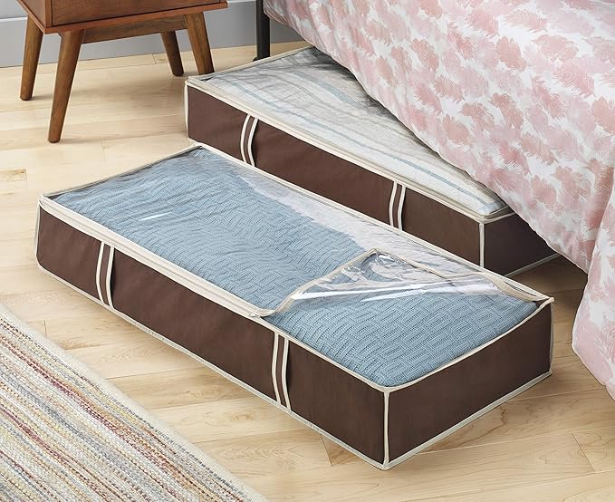 Whitmor Under Bed Storage Bags 2 Pack, Zippered Underbed Storage Containers with Clear Window and Handles, Foldable Clothes Blanket Storage Organizer, 18 x 42 x 6 Inches, Java