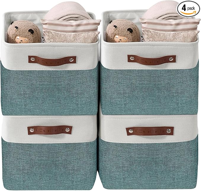 DECOMOMO Storage Bins, Large Fabric Storage Baskets for Shelves, Decorative Linen Closet Organizer, 15 x 11 x 9.5 inches (Green & White, 4 Pack)