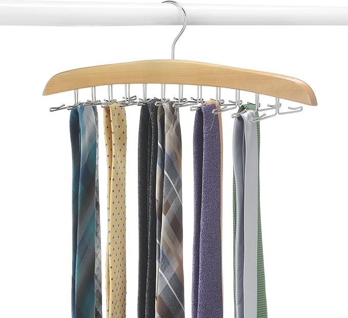 Whitmor Wooden Tie Rack Hanger for Closet, Necktie Holder Organizer with 24 Folding Hooks, 360 Degree Rotating Tie Rack for Men Ties, Belts, Scarves, Tank Tops, Accessories, 1 Pack