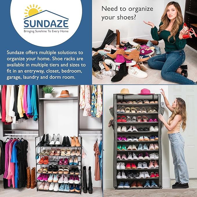 Sundaze Shoe Rack with Cover - 10 Tier Shoe Rack for Front Door Entrance, Sturdy Tall Shoe Organizer for Bedroom, Closet, Garage, Non Woven Fabric Shelf, Grey, Holds Up to 50 Pairs