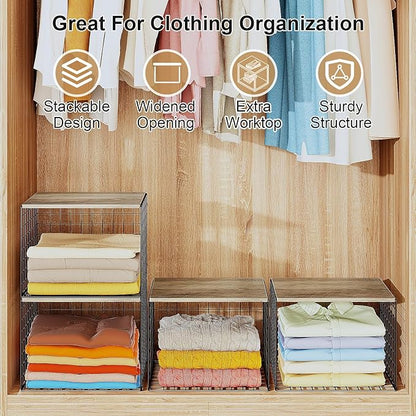 4PCS Wider Closet Organizers and Storage, Stackable Closet Shelf Organizer Storage Bins with Wood Top for Sweaters Jeans, Clothes Organizer Shelves for Wardrobe System Rack, Space-Saving,Sturdy Metal