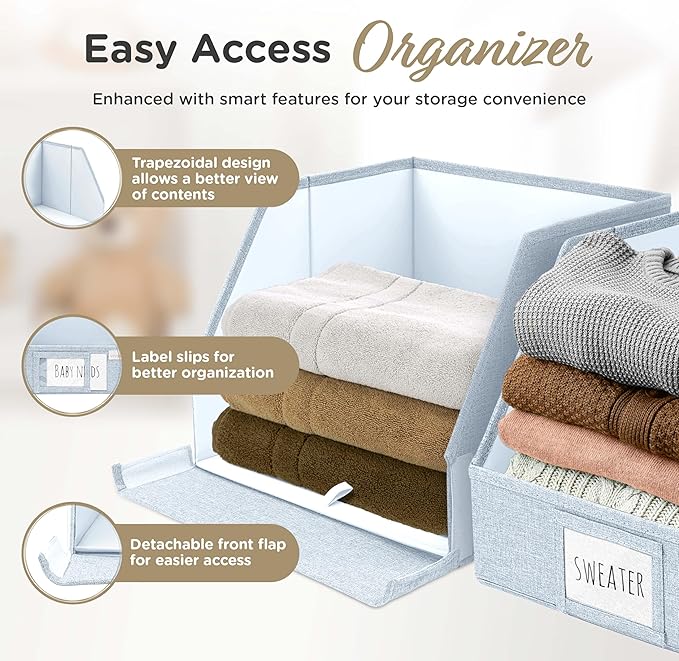 VIVIDECOR Open Front Trapezoid Closet Bins 12x12x10 – Easy Access Shelf Organizer for Folded Clothes, Fabric Storage Baskets for Sweaters, Towels, Linen – Light Blue, 3 Pack