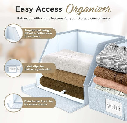 VIVIDECOR Open Front Trapezoid Closet Bins 12x12x10 – Easy Access Shelf Organizer for Folded Clothes, Fabric Storage Baskets for Sweaters, Towels, Linen – Light Blue, 3 Pack