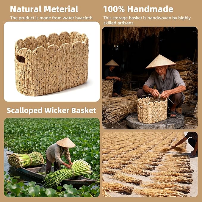 Toilet Paper Basket, 2 Packs Toilet Paper Storage Basket, Hand-Woven Wicker Bathroom Basket Organizer and Storage, Natural Water Hyacinth Slim Scalloped Basket Magazine Baskets