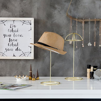 MyGift 2 Pcs Cowboy Hat Stand for Display with Dome Holder, Tabletop Wig Rack Baseball Cap Storage Stands Home Retail Décor, 14 Inch Tall, Brass Tone Metal Wire