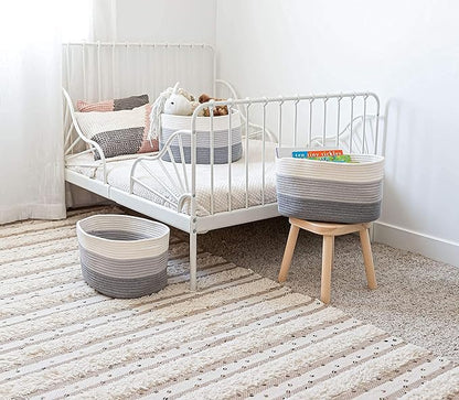 3-Toned Gray Cotton Rope Baskets for Shelves, Set of 3-15"×10"×9½" - Woven Storage Baskets for Organizing - Closet, Nursery, Bedroom, Playroom - Toys, Books, Towels, Clothes