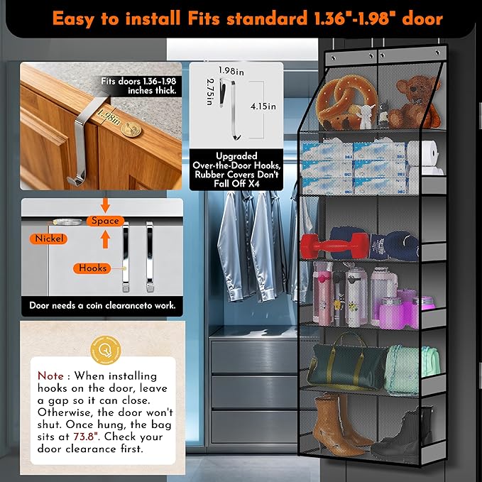 PAULONE 6-Tier Over Door Organizer 71" Tall – Hanging Storage with 2 Sizes of Large Deep Pockets (24.3" W x 8.9" D), 98 lbs Capacity, for Bedroom Closet, Bathroom, Nursery & Kitchen