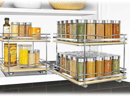 LYNK PROFESSIONAL® Élite™ Pull Out Spice Organization for Cabinets - 10-3/8 inch Wide – Spice Rack for Inside Cabinets – Wood/Chrome - Sliding Spice Rack Organizer for cabinet – Spice Rack - 2 Tier