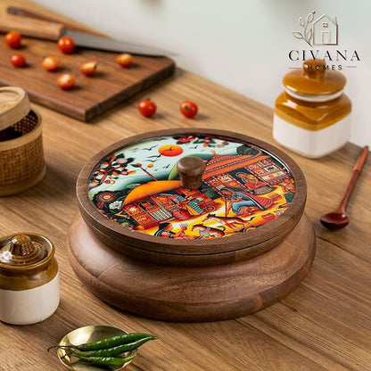Wooden Spice box for kitchen with spoon, Mango wood box with 7 Steel containers | Masala box for kitchen | Masala Dani | Best Gift (Red Masala Box)