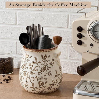 Utensil Holder for Kitchen Counter, Modern Farmhouse Rustic Cooking Utensil Holder and Crock, Exquisite Chinoiserie Floral Ceramic Utensil Organizer for Home Kitchen Decor- Brown Flower Patterns