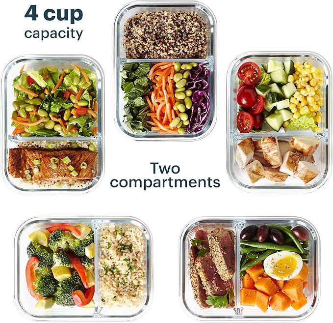 Pyrex Glass MealBox (5-Pack, 4 Cup) Divided Compartments with Locking Lids, For Meal Prepping and Portioning, BPA Free Microwave Dishwasher Safe