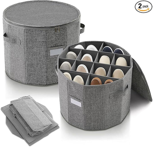 Ripeng 2 Pack Round Shoe Organizer for Closet, Cylindrical Shoe Storage Organizer with Removable Dividers and Lid, Foldable Closet Container Round Compartment Bins for Home (D17 X H13.2,Rectangular)