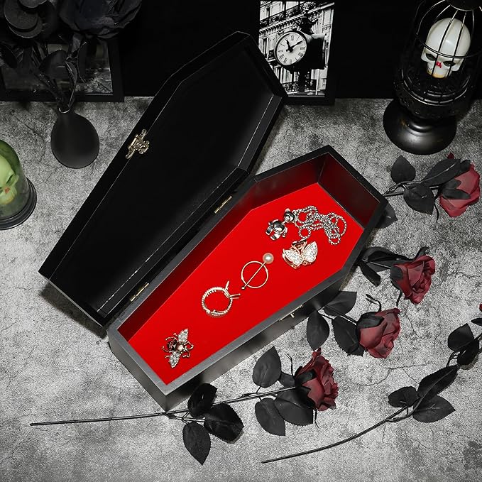 Gothic Coffin Storage Box Set 3 Pack - Spooky Dark Aesthetic Vanity Organizer, Wooden Makeup Jewelry Kit with Tray, Lipstick Holder & Jewelry Box