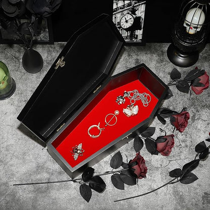 Gothic Coffin Storage Box Set 3 Pack - Spooky Dark Aesthetic Vanity Organizer, Wooden Makeup Jewelry Kit with Tray, Lipstick Holder & Jewelry Box
