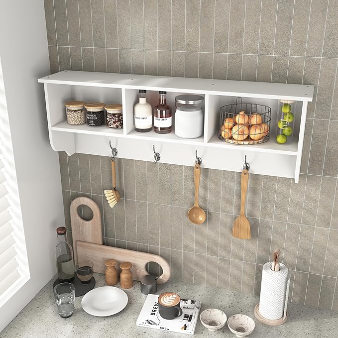 Wall Mounted Coat Rack with 4 Hooks & 3 Shelves, White MDF Entryway Storage, 38.6" Long, Easy Installation