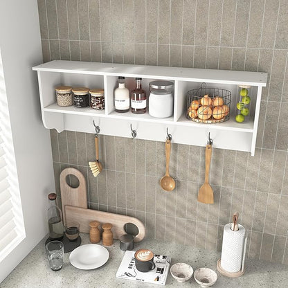 Wall Mounted Coat Rack with 4 Hooks & 3 Shelves, White MDF Entryway Storage, 38.6" Long, Easy Installation