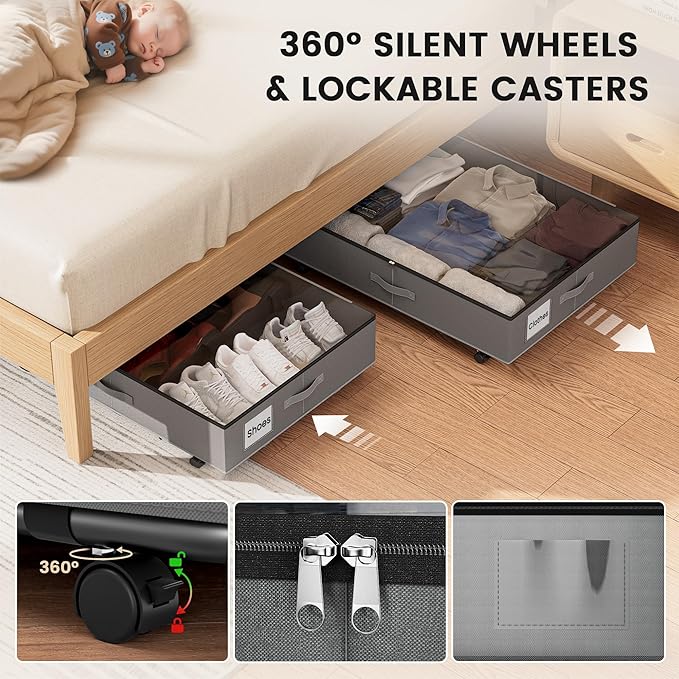 XXXL 78L Under Bed Storage with Wheels, Rolling Storage Containers with Clear Lid & Label, Heavy-Duty Metal Frame, Easy Pull-out, Underbed Storage Bins for Clothes, Shoes, Blankets, and Toys(2PACK)