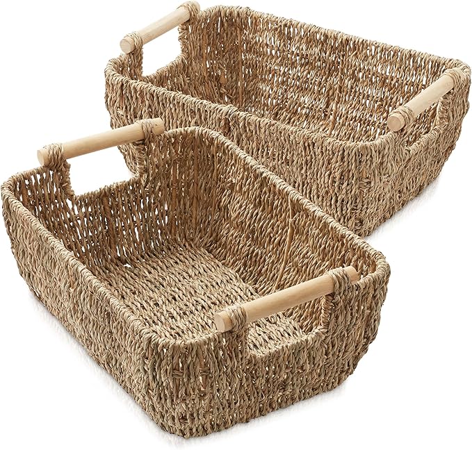 Casafield Set of 2 Seagrass Oval Storage Baskets with Wooden Handles - Large, Woven Bin Organizers