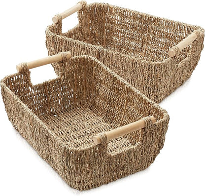 Casafield Set of 2 Seagrass Oval Storage Baskets with Wooden Handles - Large, Woven Bin Organizers