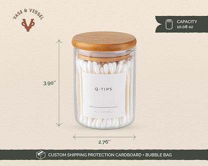 Vase and Vessel Mini Glass Apothecary Jars with Bamboo Lids, Small Bathroom and Kitchen Storage Containers, For Cotton Balls, Pads and Swabs, 10 oz, Set of 3 (Clear)