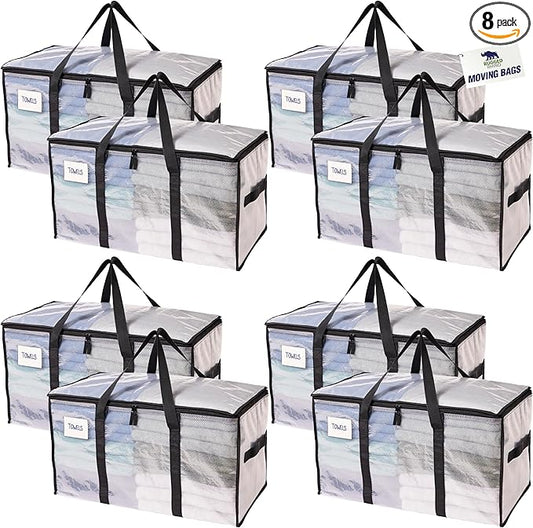 RUGGED RHINO 8 Pack Heavy Duty Extra Large Moving Bags, Durable Bag with Strong Handles and Zipper, Moving Boxes Alternative for College Packing, Holiday Décor, Space Saving Storage with Label, Clear