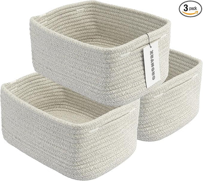 XUANGUO Small Woven Storage Baskets 12“X8”X5“ Decorative Rope Bins for Organizing Shelves, Closets, and Toys, Empty Gift Baskets, Cute Organizer Basket for Home and Office (grey, regular)