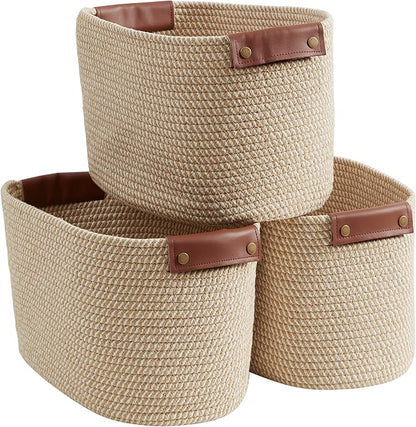 3 Pack Cotton Rope Storage Basket Woven Shelf Bin with Faux Leather Handles, Decorative Closet Shelf Woven Basket for Organizers, 15 x 10 x 9, Multi-Brown