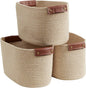 3 Pack Cotton Rope Storage Basket Woven Shelf Bin with Faux Leather Handles, Decorative Closet Shelf Woven Basket for Organizers, 15 x 10 x 9, Multi-Brown