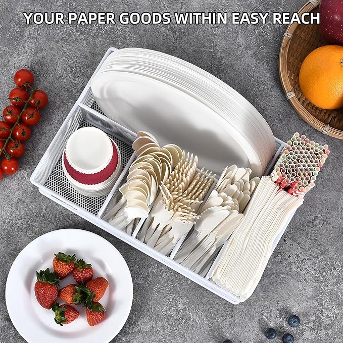 VIKEYHOME Paper Plate Organizer, Metal Silverware Caddy with 6 Compartments for Knives, Spoons, Cups, Forks, Napkins, Utensil Holder for Party, Camping, Picnic, White